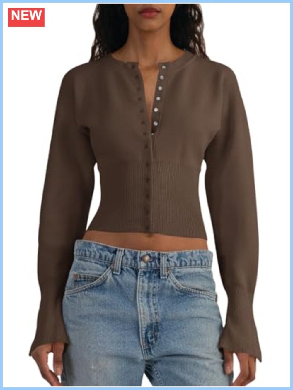 Womens Cropped Sweater V Neck Button Down Ribbed Knit Cardigan